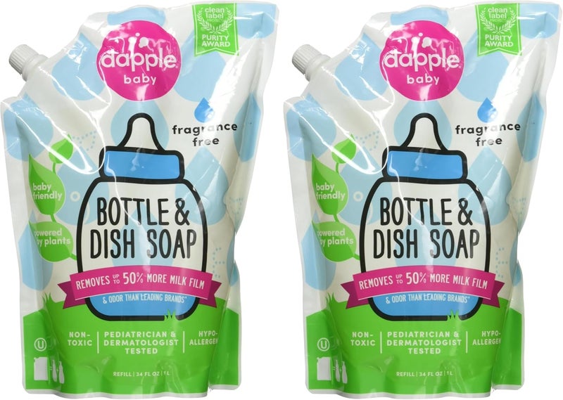 dapple Refill Pack Baby Bottle and Dish Liquid, Fragrance Free, 33.8 Fluid Ounce (Pack of 2) - Image 1